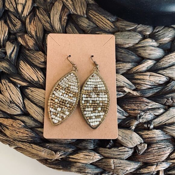 Gold and Cream Beaded Boho Dangle Earrings - Picture 2 of 3